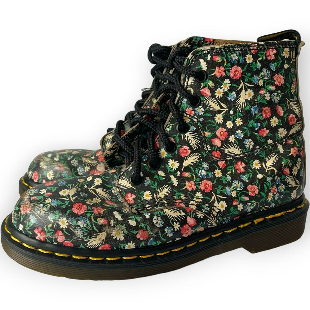 Dr. Martens Floral Made in England Leather Boots US 6 UK 4 Eye 90's Wheat Black - Picture 7 of 15